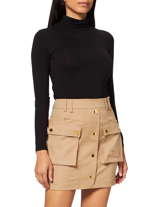 Love Moschino Women's Skirt with Golden snap Buttons and Matching Logo Embroidery on Front Bellow Pocket, Rust Brown, 20