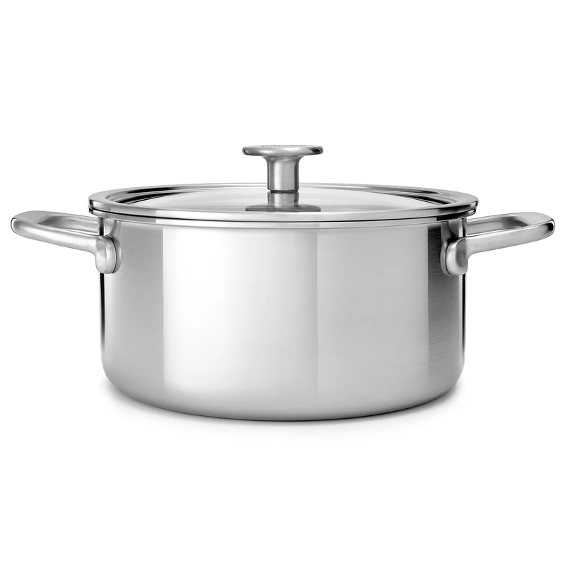 KitchenAid MultiPly 3PLY Stainless Steel 24 cm/4.91 Litre Casserole with Tempered Glass Lid, PFAS Free, Triply, Multiclad, Induction Suitable, Oven Safe up to 220°C, Silver