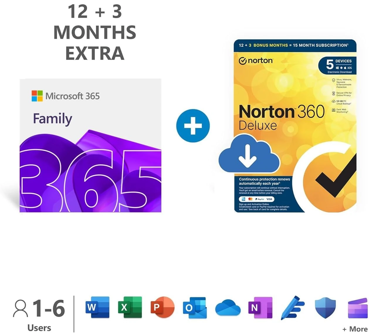 Microsoft 365 Family | 15 month subscription | up to 6 people | up to 6TB OneDrive cloud storage + Norton 360 Deluxe | 12 months | Advanced Online Security | PC/Mac | Activation required