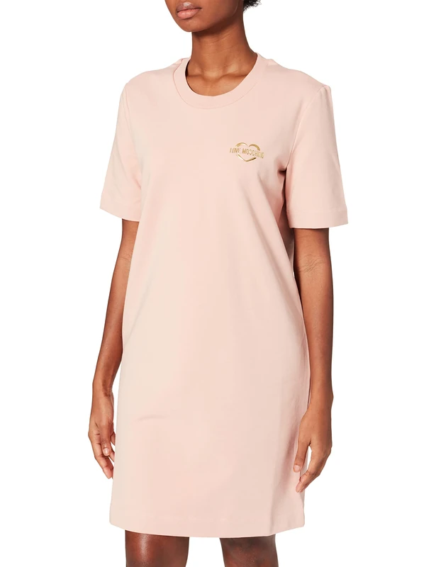 Love Moschino Women's Regular fit t-Shirt Dress in Brushed Stretch Cotton Fleece, Powder Pink, 6