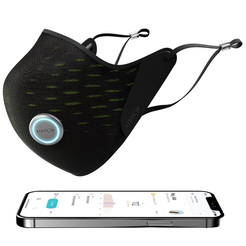 Airpop Active+ Halo Washable Reusable Smart Face Mask, Air Quality and Breathing Sensor, Inc 4 Filters, 160 Hours Wear, Innovative Breathable Face Covering, Compatible with IOS app, Black and Yellow - Image 1