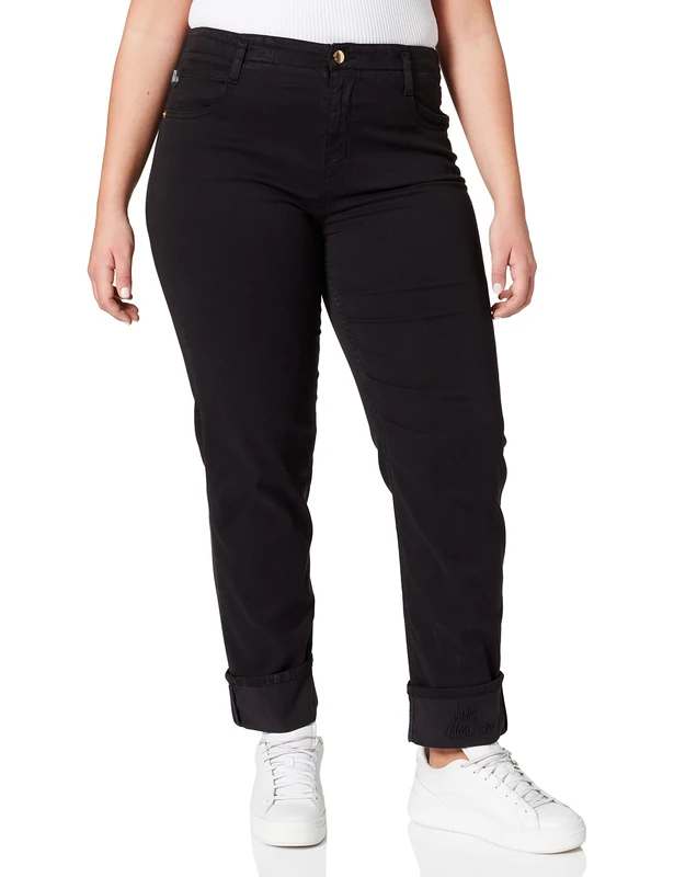Love Moschino Women's 5 Pocket Straight Leg Trousers with Matching Signature Embroidery on roll up Cuffs Jeans, Black, 29