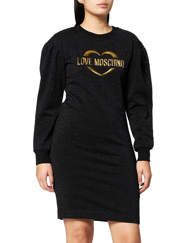 Love Moschino Women's Long-Sleeved Dress in Lurex Cotton Fleece, Black, 22