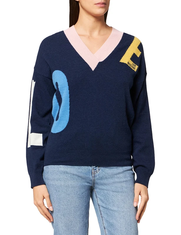 Love Moschino Women's V Neck Pullover in carded Wool Love Letters Multicolor Pure Intarsia Jumper, Blue, 14