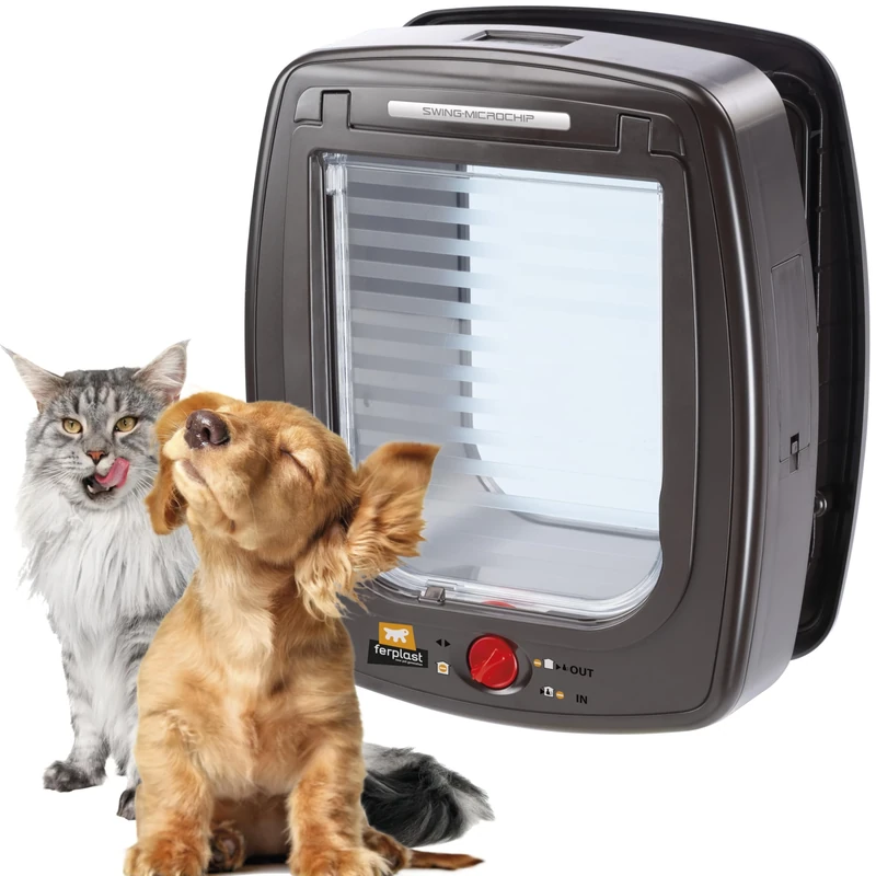 Ferplast SWING MICROCHIP L Universal Cat Flap for Dogs and Cats - 4 Closing Modes - Wind-Stopper System - Closing Shock Absorber - Magnetic Anti-Oscillation - Direction Indicator - Brown