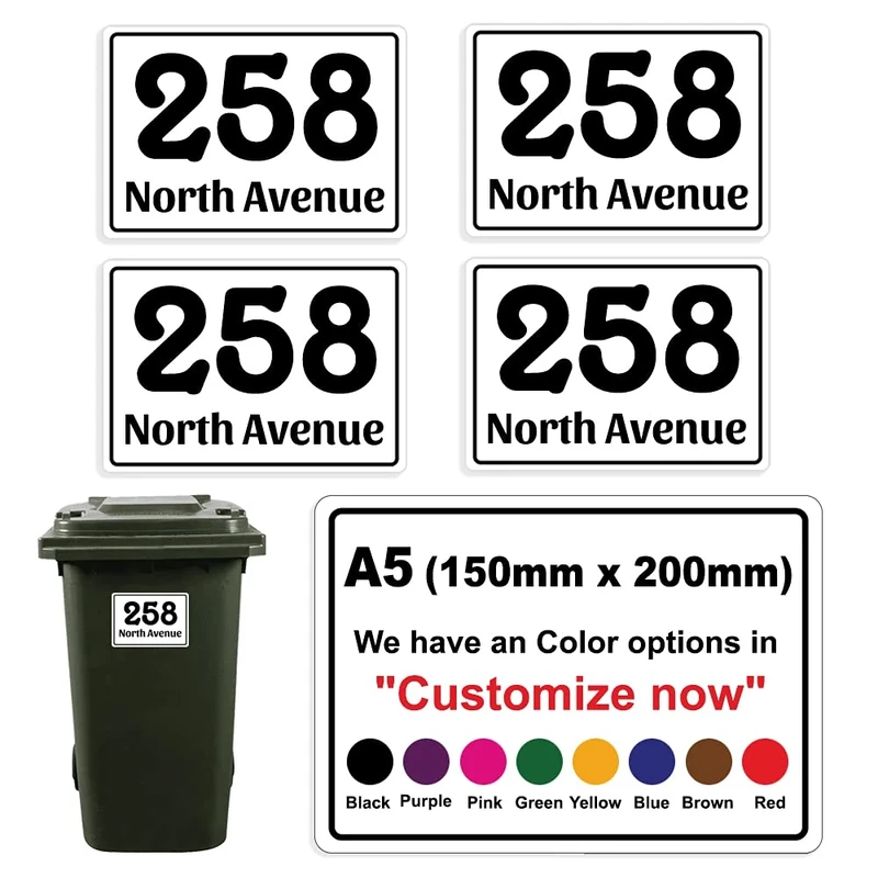 4 x Personalised Custom Multi Color Wheelie Bin Number Stickers with Waterproof with House Number & Street Name (4 Decals-210 x 148 mm) PBN01 Stickers Limited