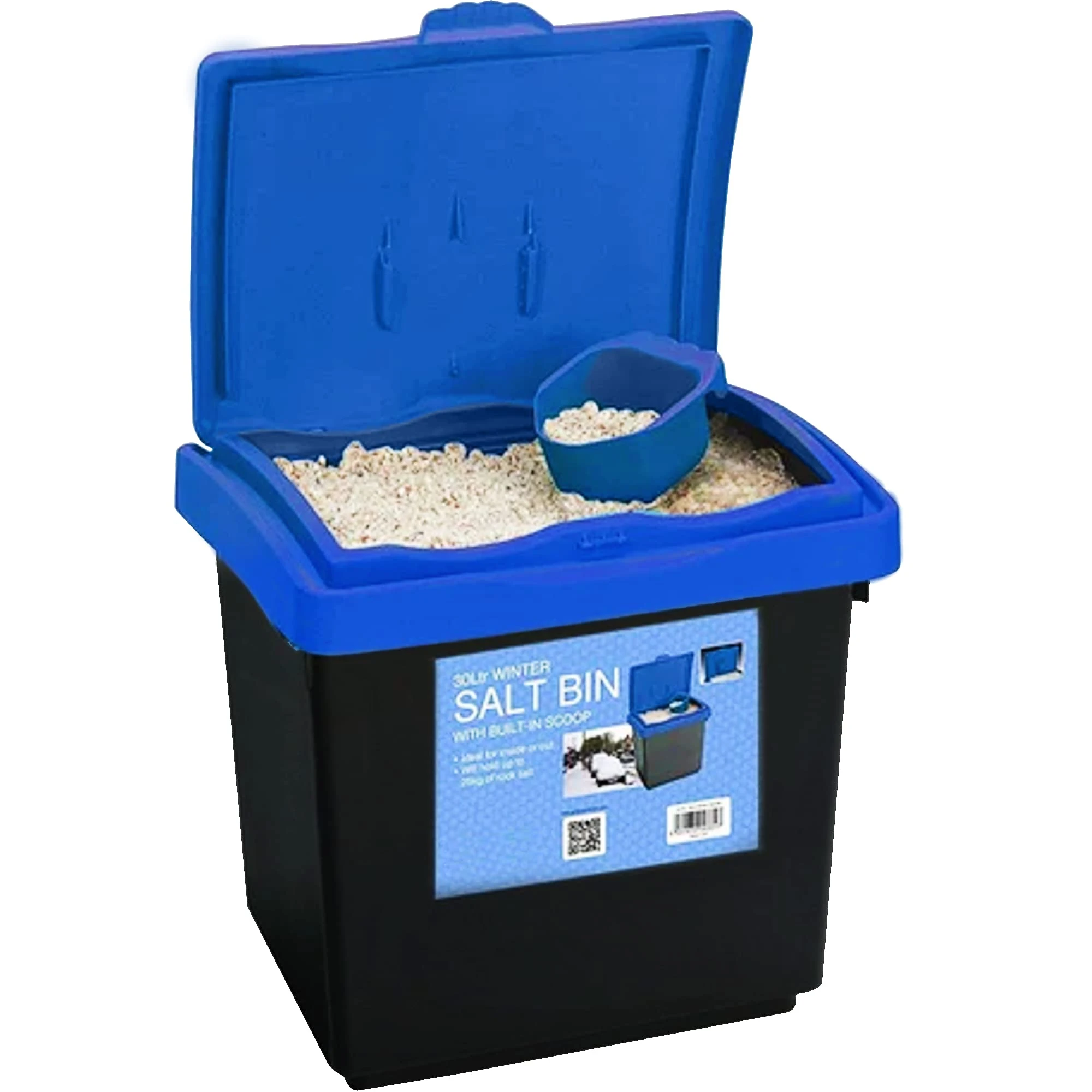 Rock Salt Storage Bin - Grit Spreading Store Plastic Container Box with Scoop for Rock Salt or White Salt for De-icing Paths and Driveways (30 LITRE)
