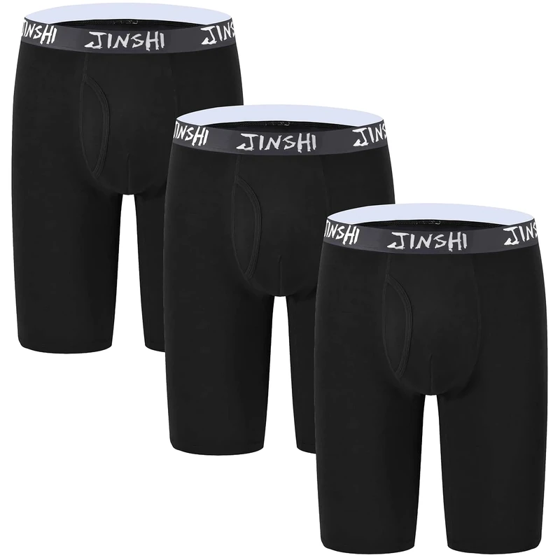 JINSHI Men's Bamboo Underwear Extra Long Leg Boxer Shorts Sports Underpants Underwear Multipack Open Fly Black Size M