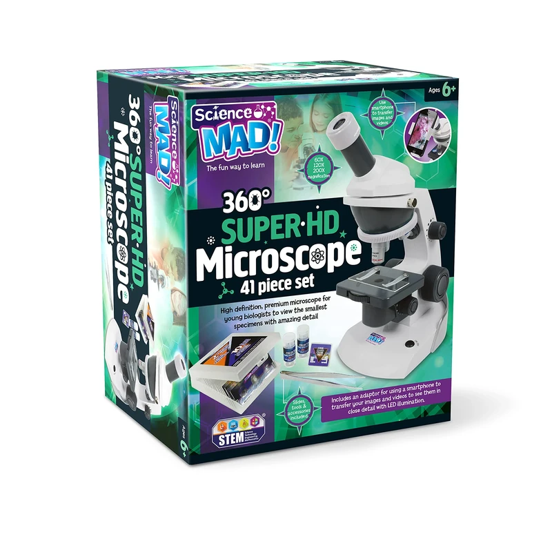 Science MAD! SM54-360 Super HD Microscope For Young Scientists - High Definition 200X Magnification Premium Microscope - Includes Mount for Smartphone Capture, 41 Piece Set, 6+ Years
