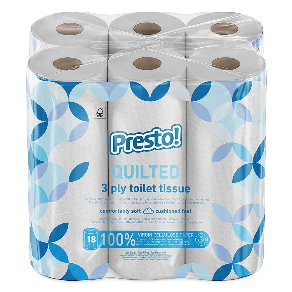 Amazon Brand - Presto! Toilet Roll, 3-ply Quilted, Velvety Soft, Unscented, 18 Rolls (1 Pack of 18), 200 Sheets per Roll, 3600 Count, FSC Certified