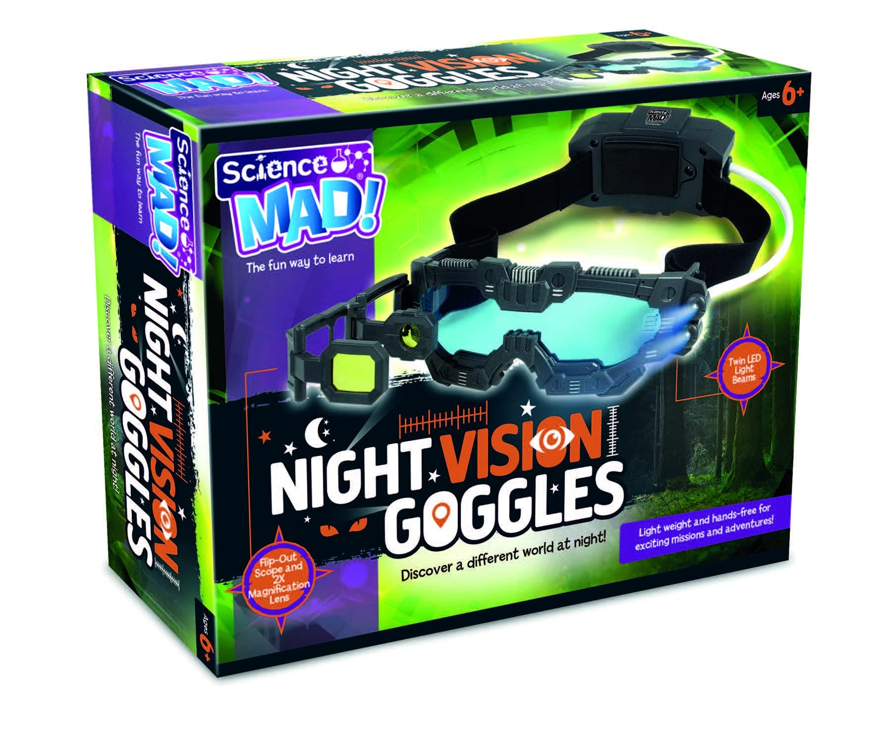Science MAD! Night Vision Goggles For Kids - For Fun Night Missions - Lightweight, Flip Out Scope, 2x Magnification, Twin LED Beams, Blue Lenses, 6+ Years, 20 x 10 x 5.5 cm (SM55) , Black