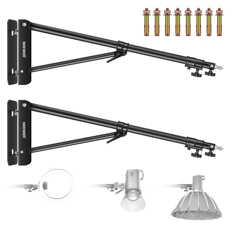 NEEWER 2-Pack Triangle Wall Mounting Boom Arm for Photography Studio Video Strobe Lights Monolights Softboxes Umbrellas Reflectors,180 Degree Flexible Rotation,Max Length 70.8 inches/180CM (Black)