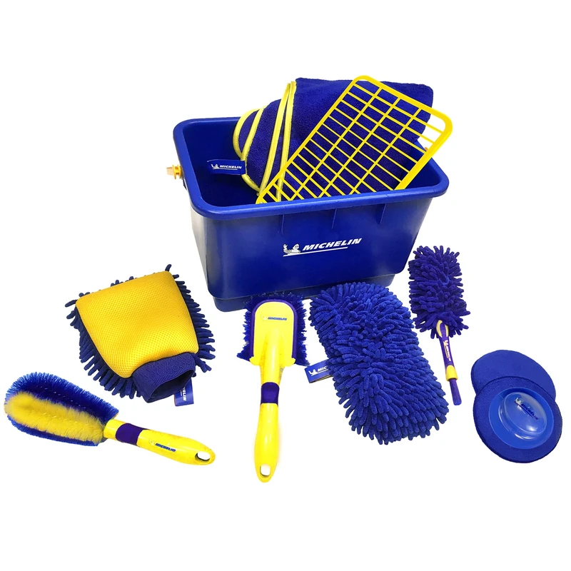 Michelin Ultimate 11-Piece Car Wash Kit Large 17L Bucket Short HandleMag Wheel Brushes Microfibre Duster Detailing Brush Chenille Wash and Scrub Sponge Applicator Pad Kit Drying Towel Car SUV Truck