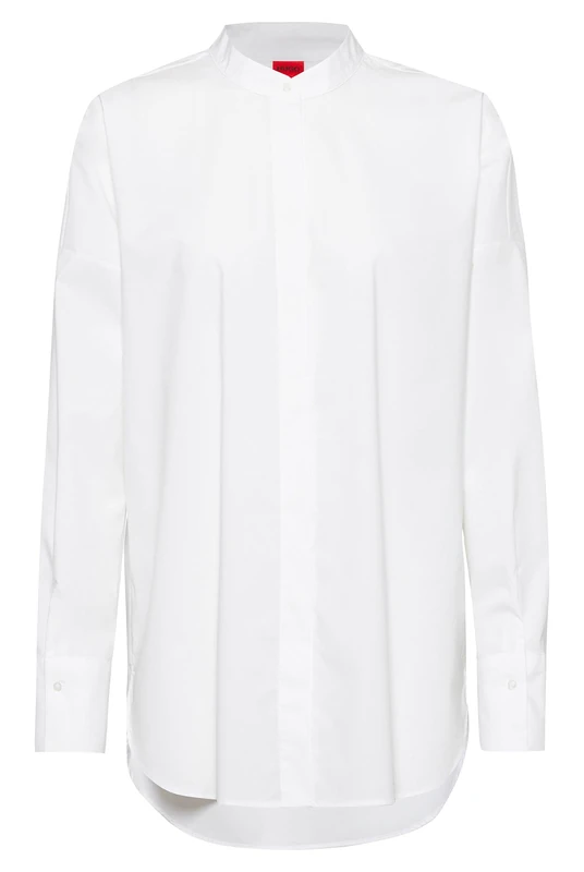 HUGO Womens Emolia Oversized Stretch-Cotton Blouse with Floral Manifesto Logo Artwork White