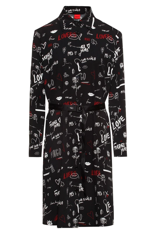HUGO Womens Emissa Scribble-Print Shirt Dress in Soft Twill