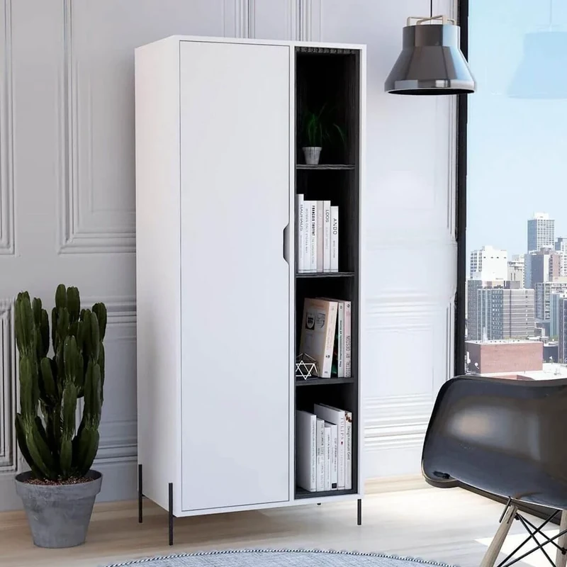Home Source Auckland Bookcase Cabinet 4 Tier Shelving Unit, 8 Shelves and White Door