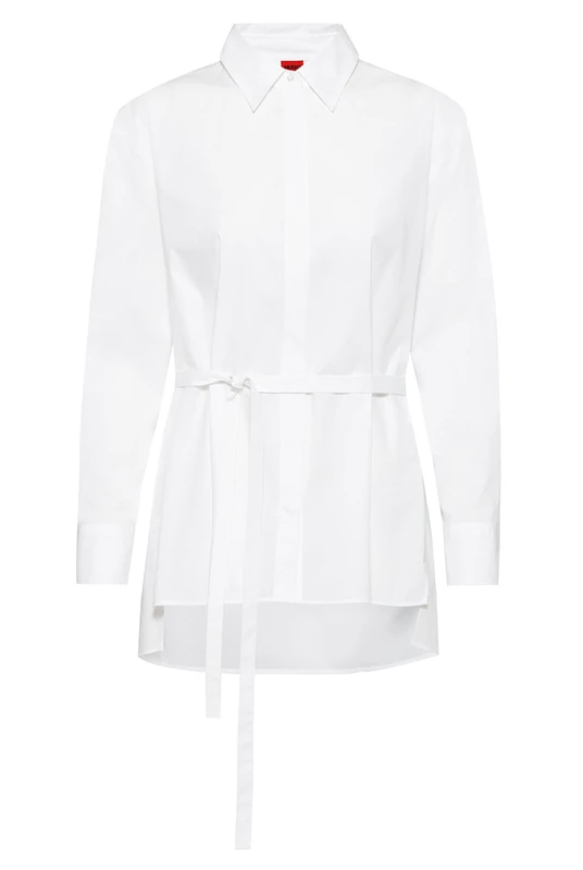 HUGO Womens Eveyla Oversized-fit Belted Blouse in Stretch Cotton White
