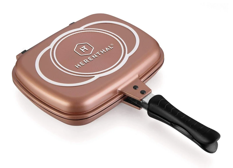 ROYALTY LINE, Double Grill Frying Pan, PFAS and PFOA Free, Non-Induction, Reduces unpleasant Odors, Smoke and Oil Splashes in Aluminum with Marble Coating, 34 cm, Bronze