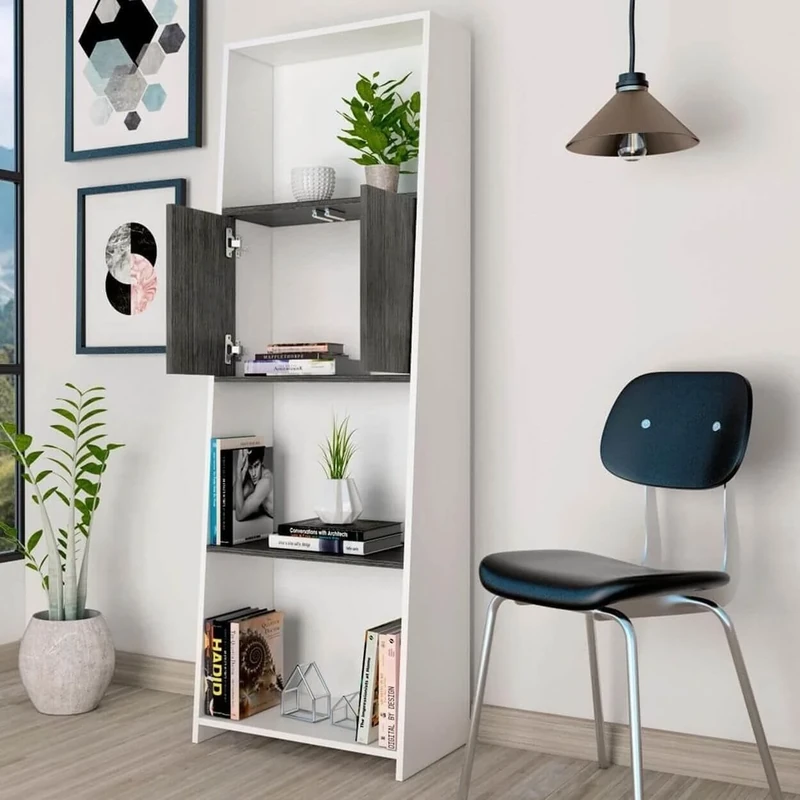 Home Source Auckland Bookcase Cupboard 4 Tier Shelving Unit, Grey Oak Effect Panels Shelves and 2 Doors, White