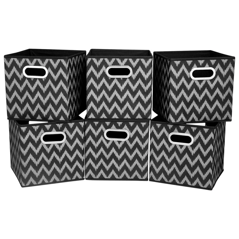 HSDT 6 Cube Storage Bins Black 10.5x10.5x11 Inch Foldable Grid Chevron Print Fabric Half Storage Basketes for Home Organizers