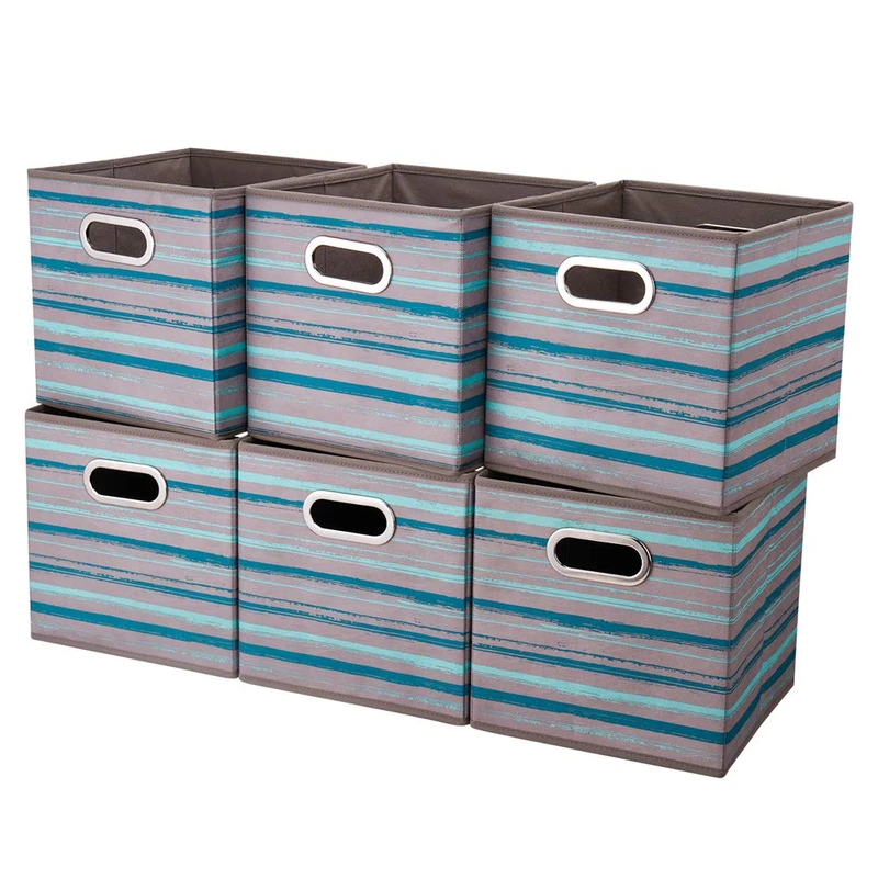 HSDT 6 Cube Storage Bins Teal Stripes Gradient Lines 10.5x10.5x11 Inch Foldable Whale Coastal Print Fabric Half Storage Basketes for Home Organizers Storage Drawer,QY-SC12-6