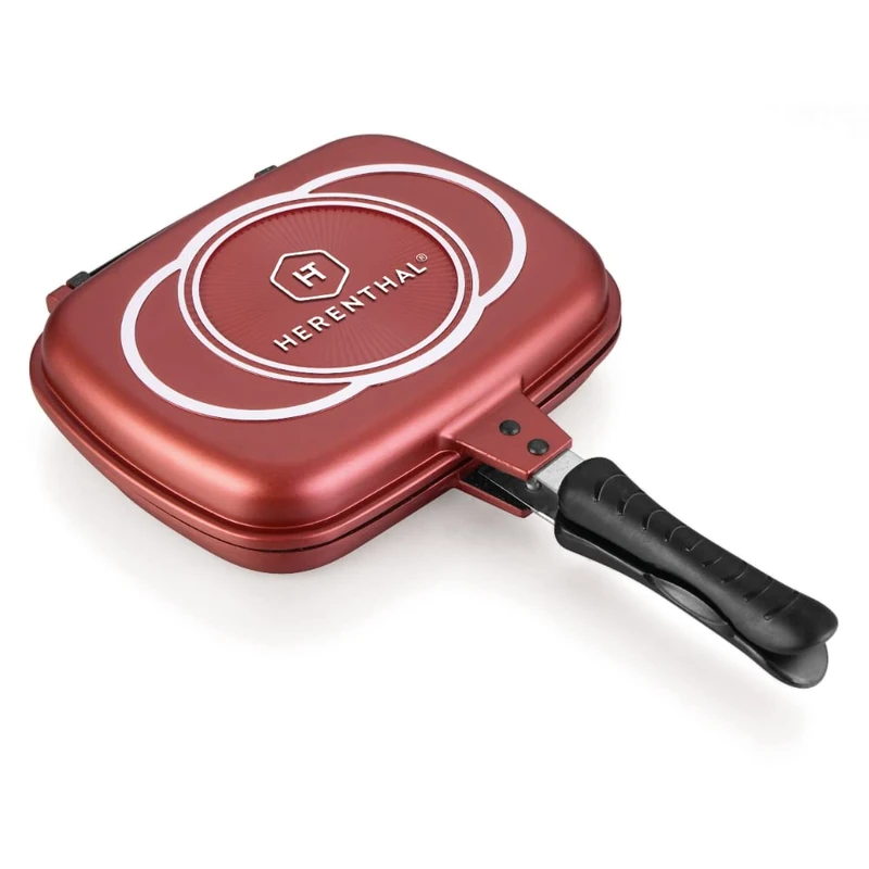 ROYALTY LINE, Double Grill Frying Pan, PFAS and PFOA Free, Non-Induction, Reduces unpleasant Odors, Smoke and Oil Splashes in Aluminum with Marble Coating, 34 cm, Red