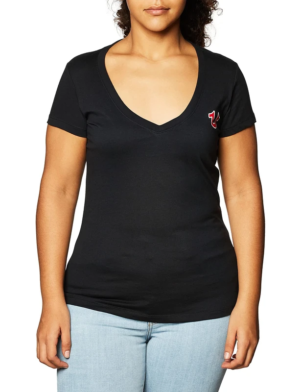 True Religion Women's V-Neck Buddha Logo Tee, Black, XXL