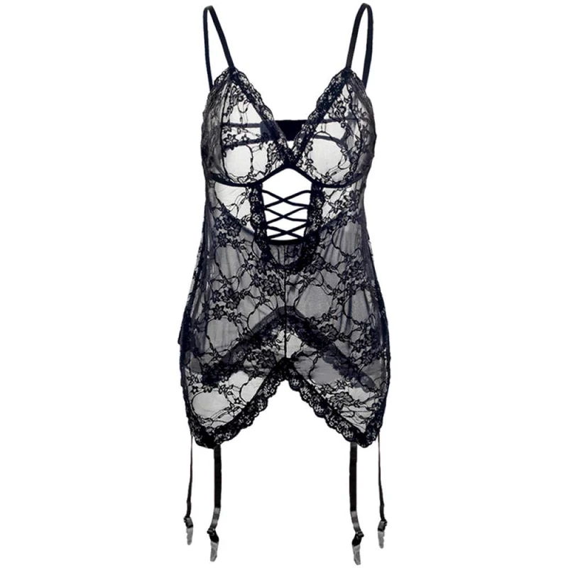 Women's Bodysuits Sleepwear Babydoll Women's Baby Dolls Erotic Bodystockings Sexy Lace Strappy Hollow Out Cross Backless Babydoll Sleepwear + G-String+ Garters Lingerie-Balck_M
