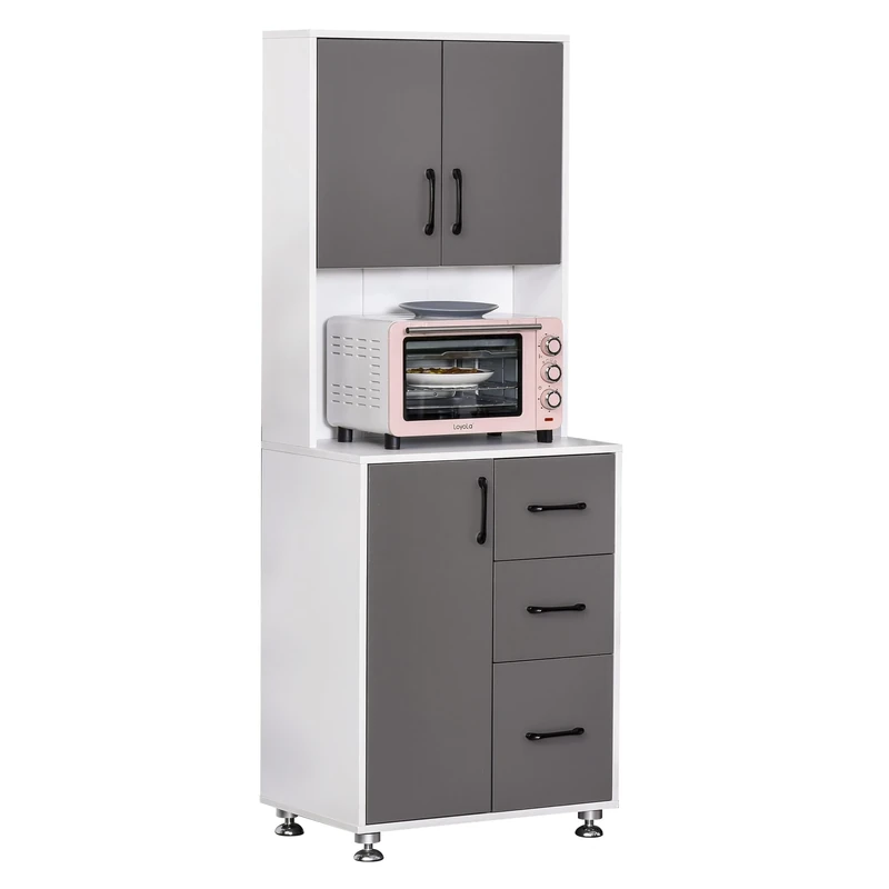 HOMCOM Modern Kitchen Cupboard with Storage Cabinets, 3 Drawers and Open Countertop for Living Room, Grey