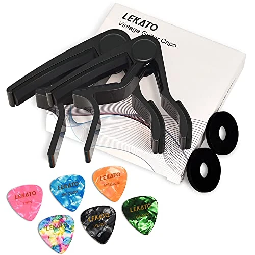 LEKATO LGC-1 2-in-1 Guitar Capo with 6 Free Guitar Picks for Acoustic, Electric, Ukulele, Bass, Mandolin and Banjo (Black-2 Pack)