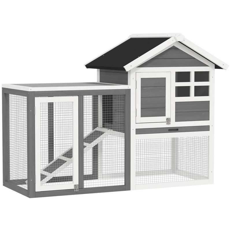 PawHut Rabbit Hutch Outdoor Wooden Guinea Pig Hutch Rabbit Run Bunny Cage Small Animal House Pull-Out Tray, Grey, 124 x 63 x 93 cm