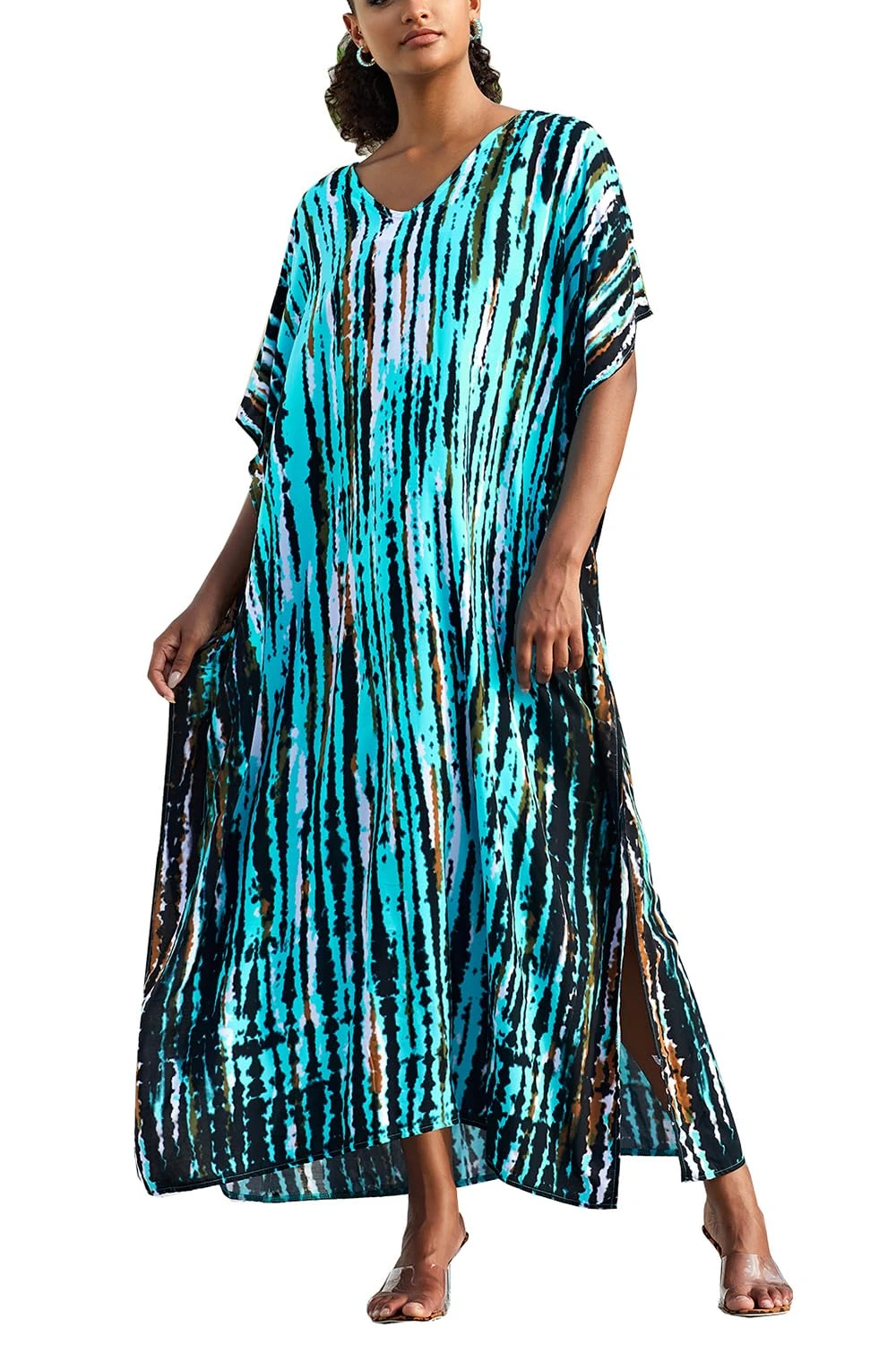 LikeJump Women's Bohemian V Neck Kimono Maxi Swimsuits Kaftan Bikini Cover Ups Summer Beach Dress Tops