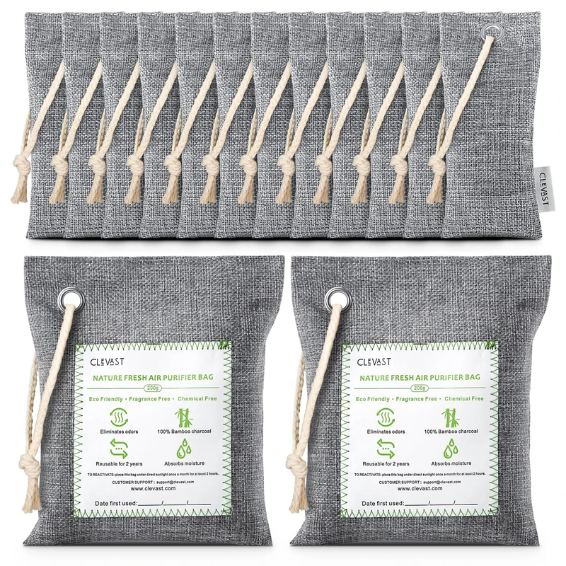 CLEVAST Bamboo Charcoal Air Purifying Bags (50g*12+200g*2),Natural Odour Eliminator, Activated Charcoal Odour Absorber, Air Fresheners for Room, Closet, Shoe, Car Air freshener