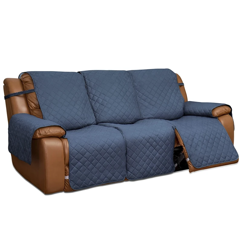 Easy-Going Reversible Recliner Cover, Split Sofa Cover for Each Seat Furniture Protector with Elastic Straps for Kids, Dogs, Pets (3 Seat, Dark Blue/Blue