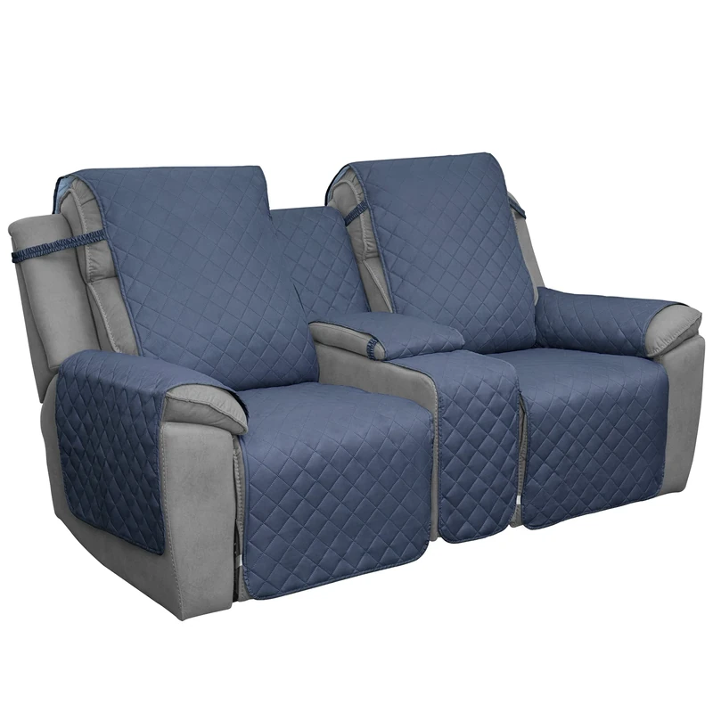 Easy-Going Loveseat Recliner Cover with Console, Reversible Couch Cover for Living Room, Split Sofa Cover for Each Seat with Elastic Straps for Kids, Dogs, Pets(2 Seater, Dark Blue/Light Blue)