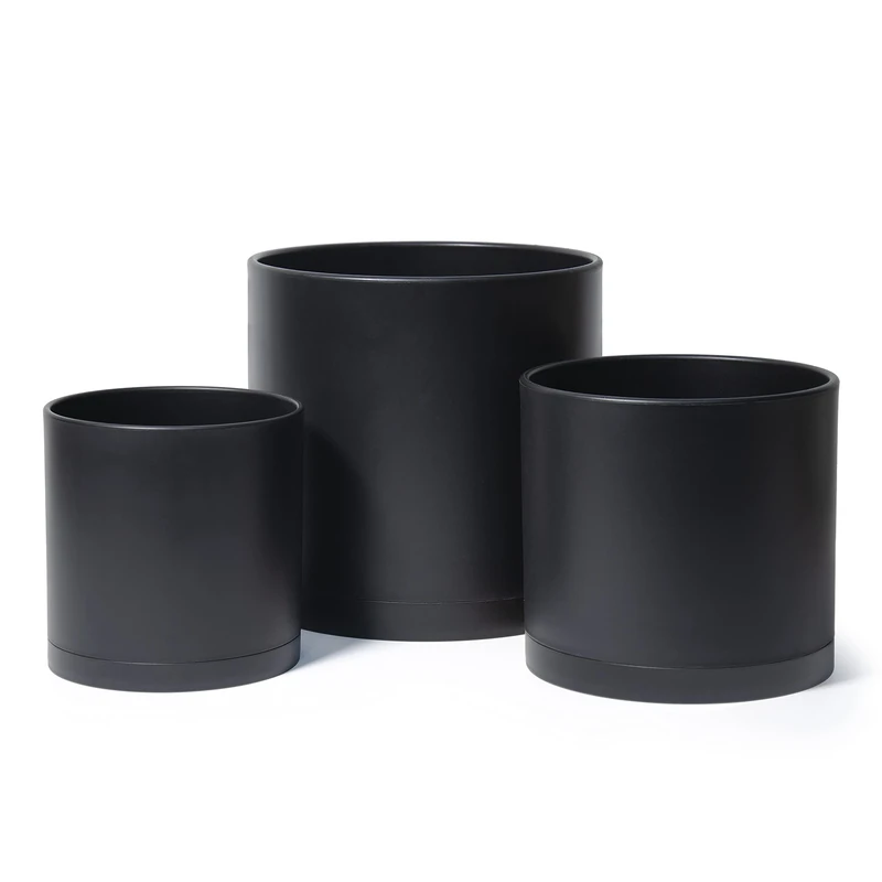 D'vine Dev 8 Inch 10 Inch 12 Inch, Set of 3, Black Colour Planter Pots for Plants with Drainage Hole and Seamless Saucers, X-Large, 74-E-XL-2