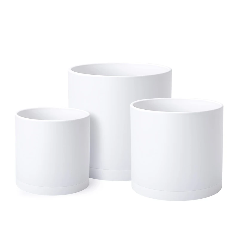 D'vine Dev 6.5 Inch 8 Inch 10 Inch, Set of 3, White Colour Planter Pots for Plants with Drainage Hole and Seamless Saucers, Large, 74-E-L-1