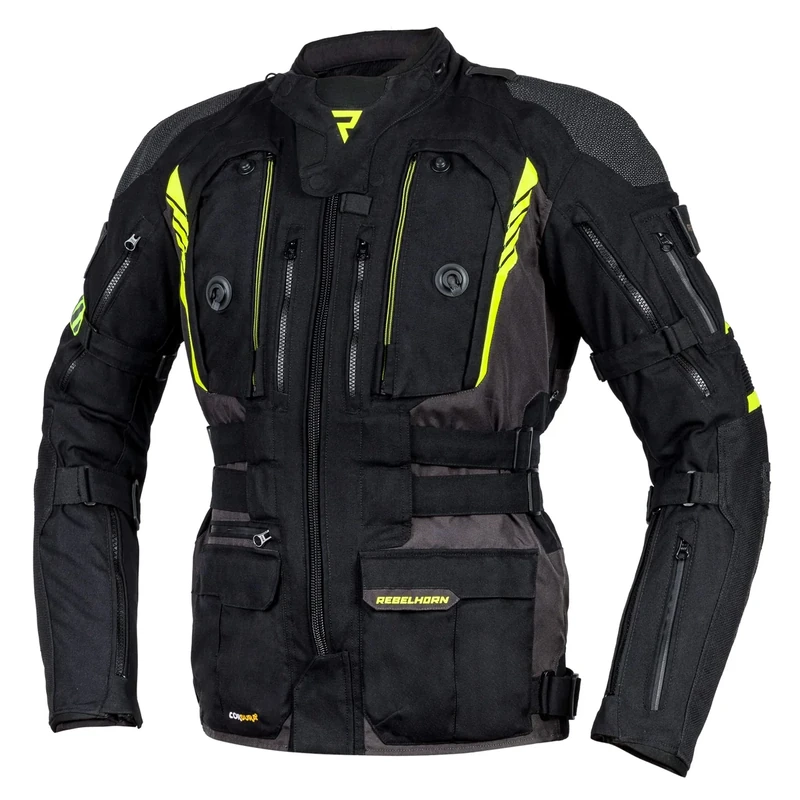 REBELHORN Patrol Motorcycle Jacket Durable Materials Cordura Hitena Superfabric CE Level 2 Shoulder Elbow Protectos Sympatex Membrane Ventilation Inserts Reflective Elements Pockets