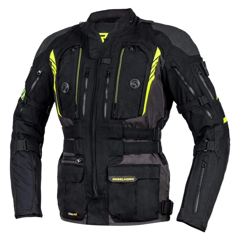 REBELHORN Patrol Motorcycle Jacket Durable Materials Cordura Hitena Superfabric CE Level 2 Shoulder Elbow Protectos Sympatex Membrane Ventilation Inserts Reflective Elements Pockets