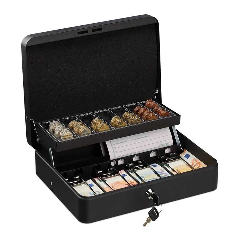 Relaxdays Cash Box, Coin Counter Tray Lockable Portable Change & Notes, H x W x D: 8.5 x 30.5 x 24.5 cm, Iron, Black