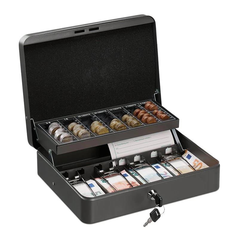 Relaxdays Lockable Box, Coin Counting Tray & 4 Note Compartments, Iron Box, H x D 8.5 x 30.5 x 24.5 cm, Grey