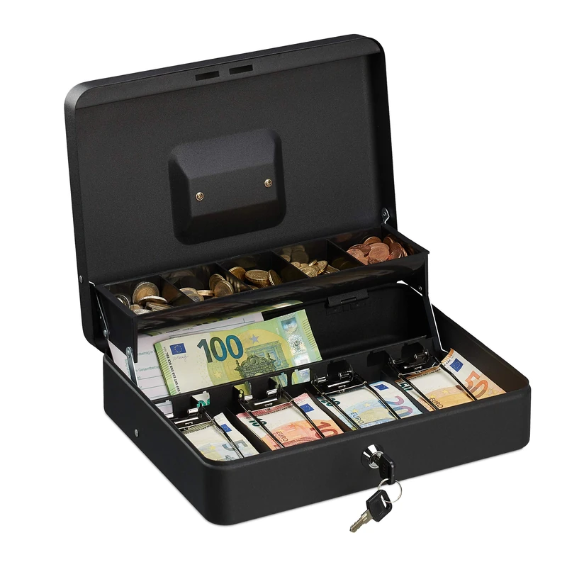 Relaxdays Lockable box, coin insert and 4 note compartments, iron box, HBD 8.5 x 30.5 x 24.5 cm, black - Image 1