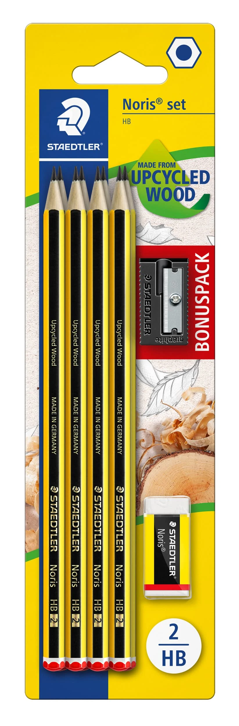 STAEDTLER Noris HB Hexagonal Pencils, Set of 8 Incredibly Shatterproof Pencils, 1 Sharpener, 1 Eraser