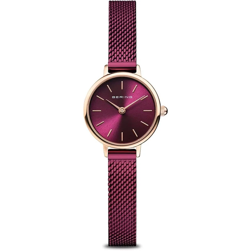 BERING Women's Quartz Watch, 22 mm Rose-Gold Stainless-Steel Case and Purple Dial, Milanese Strap, Sapphire Crystal, 3 ATM, 11022-969