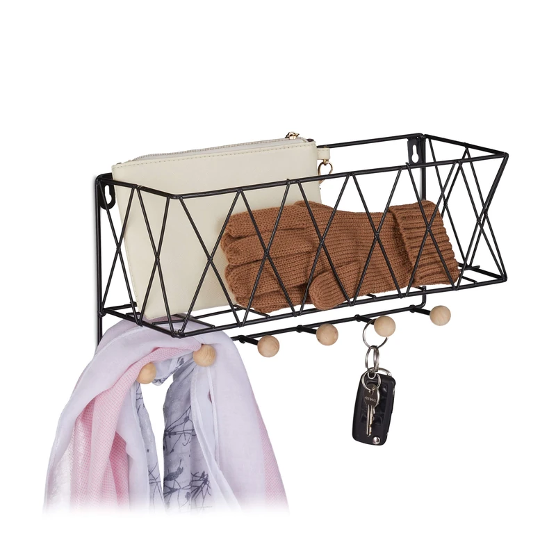 Relaxdays Wall Shelf with Hook Rail, Metal & Wood, Lattice Design, Coat Rack with 6 Hooks, HWD: 17 x 36 x 13 cm, Black