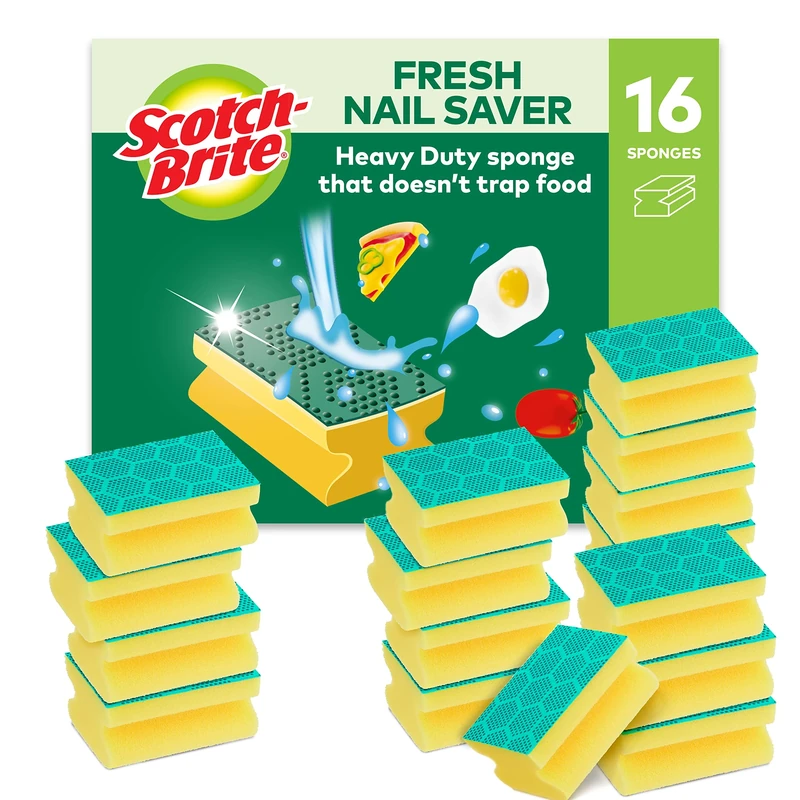 Scotch-Brite Fresh Heavy Duty Scrub Sponge, 16 Pieces - Cleans Tough Messes without Trapping Food