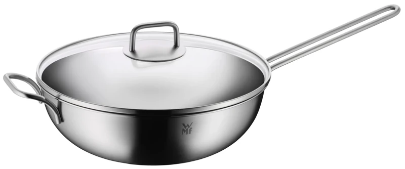 WMF Wok Induction 30 cm with Glass Lid Polished Cromargan Stainless Steel Uncoated Oven Safe