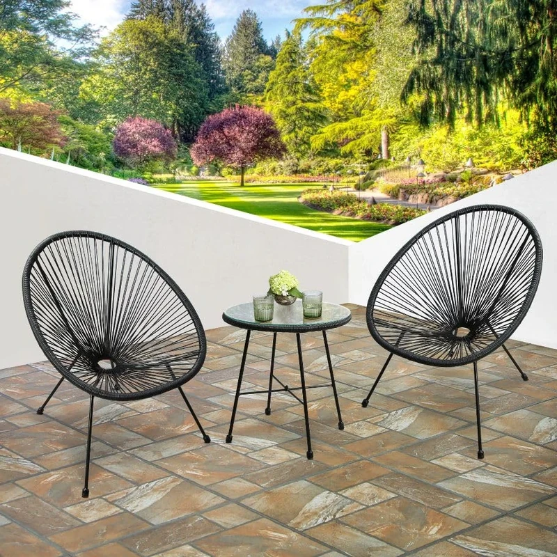 RayGar 3pcs Bistro Egg Designer String Chair Indoor & Outdoor Garden Set (Black)