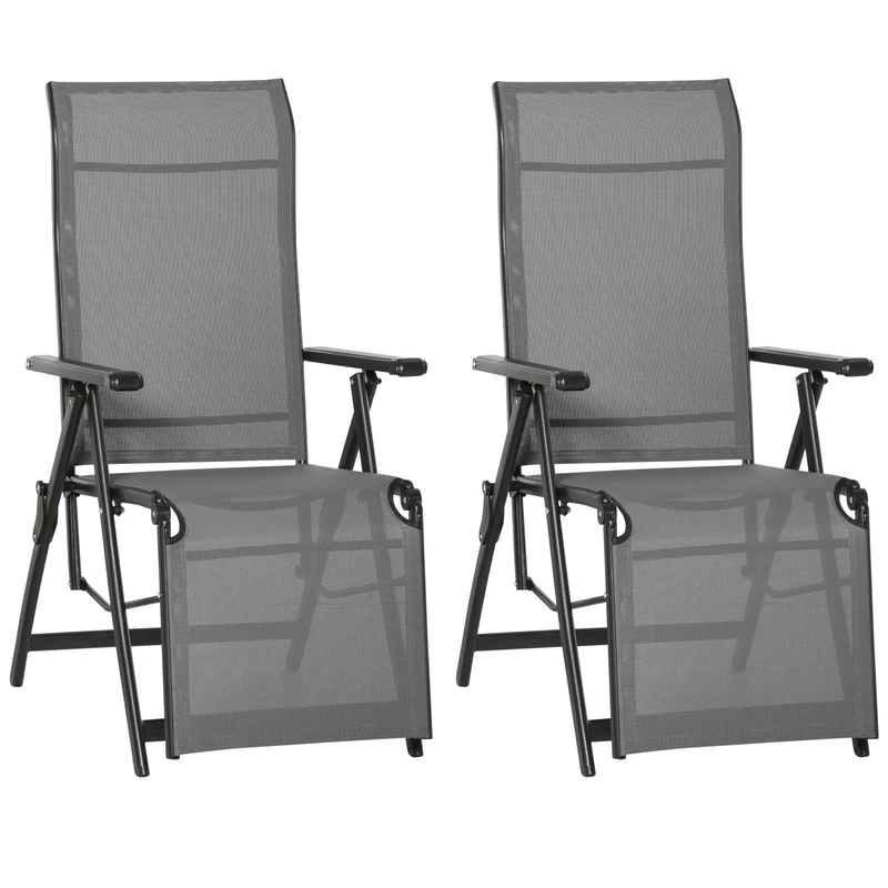 Outsunny Outdoor Reclining Garden Chair Set of 2, 10-Position Adjustable Folding Sun Lounger Zero Gravity Chairs with Texteline Seat, Armrests and Footrest for Patio, Grey