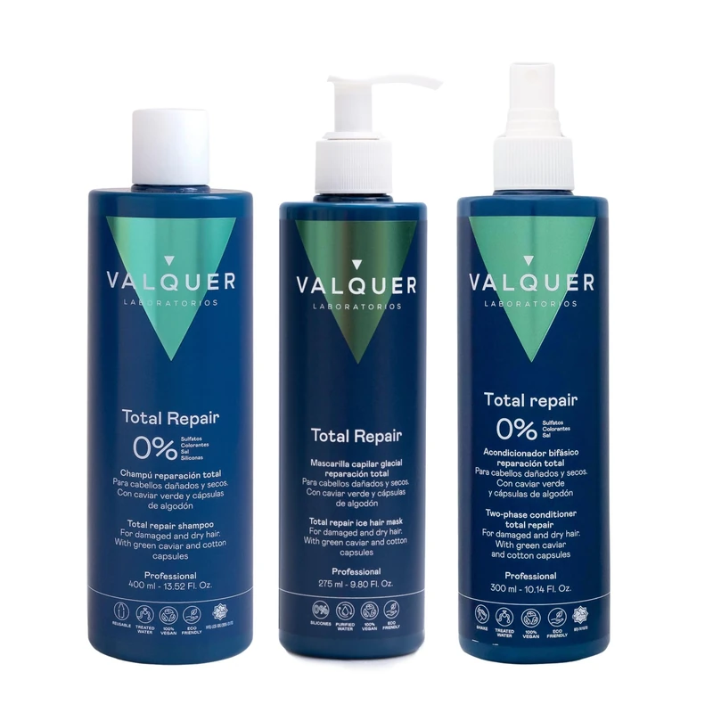 Valquer Total Repair 0% Pack Shampoo 400 ml Mask 275 ml and Bi Phase Conditioner 300 ml Repairs Softens and Nourishes Dry and Damaged Hair Intense Hydration with Green Caviar and Vitamin E. - Image 1